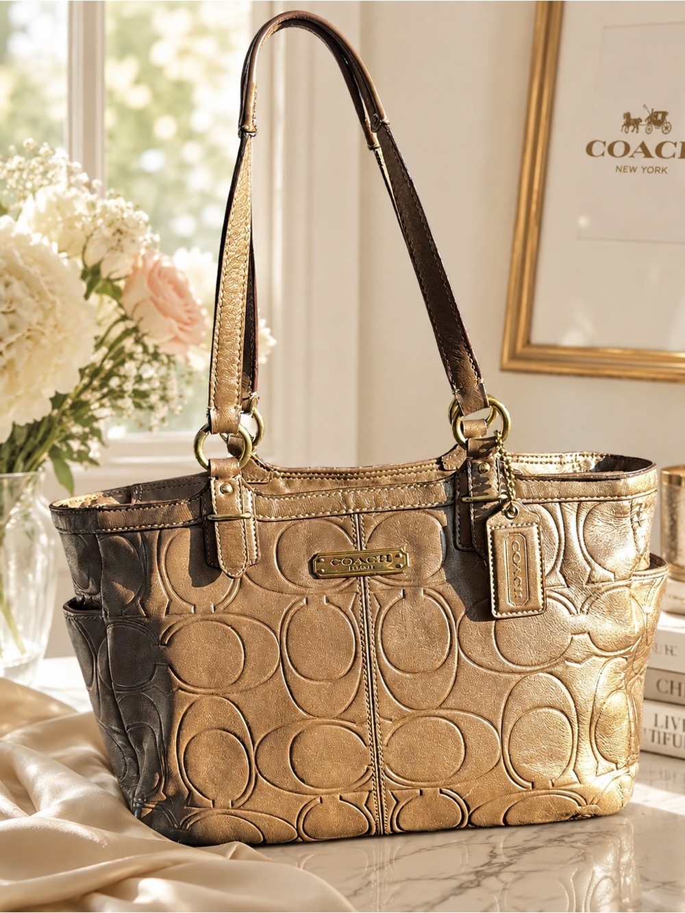 Coach Metallic Gold Signature Tote - Women's Shoulder Bag